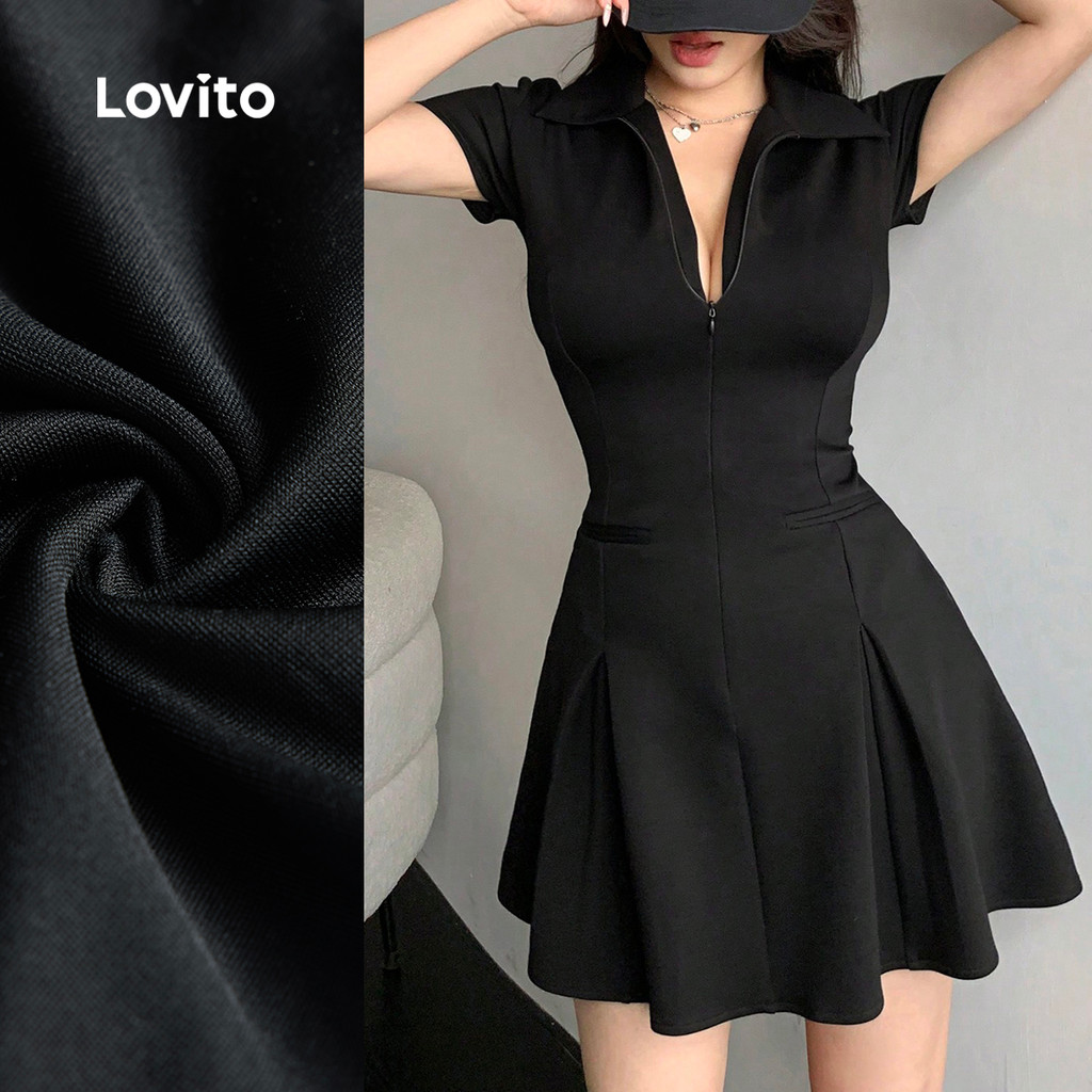 Lovito Vestido Casual Vestido Liso Com Zíper Para Mulheres L104ED411 em Oferta na Shopee