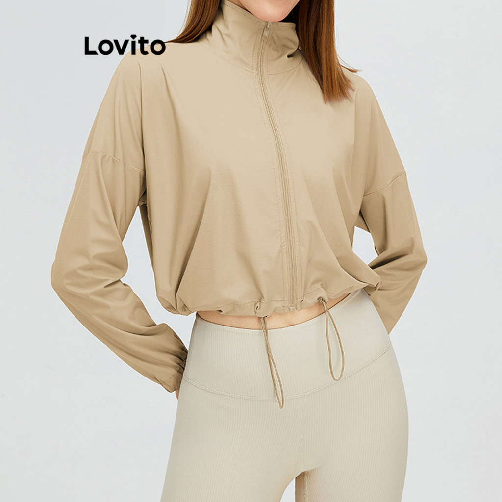 Lovito Jaqueta Esportiva Esportiva Com Cordão Liso Para Mulheres LNL56271 em Oferta na Shopee