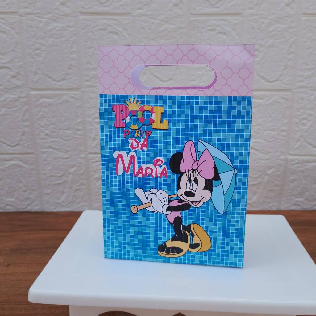 PEGUE E MONTE FESTA ANIVERSARIO Lembrancinha Sacolinha PP Personalizada Boca de Palhaço MINNIE MINIE POOL PARTY