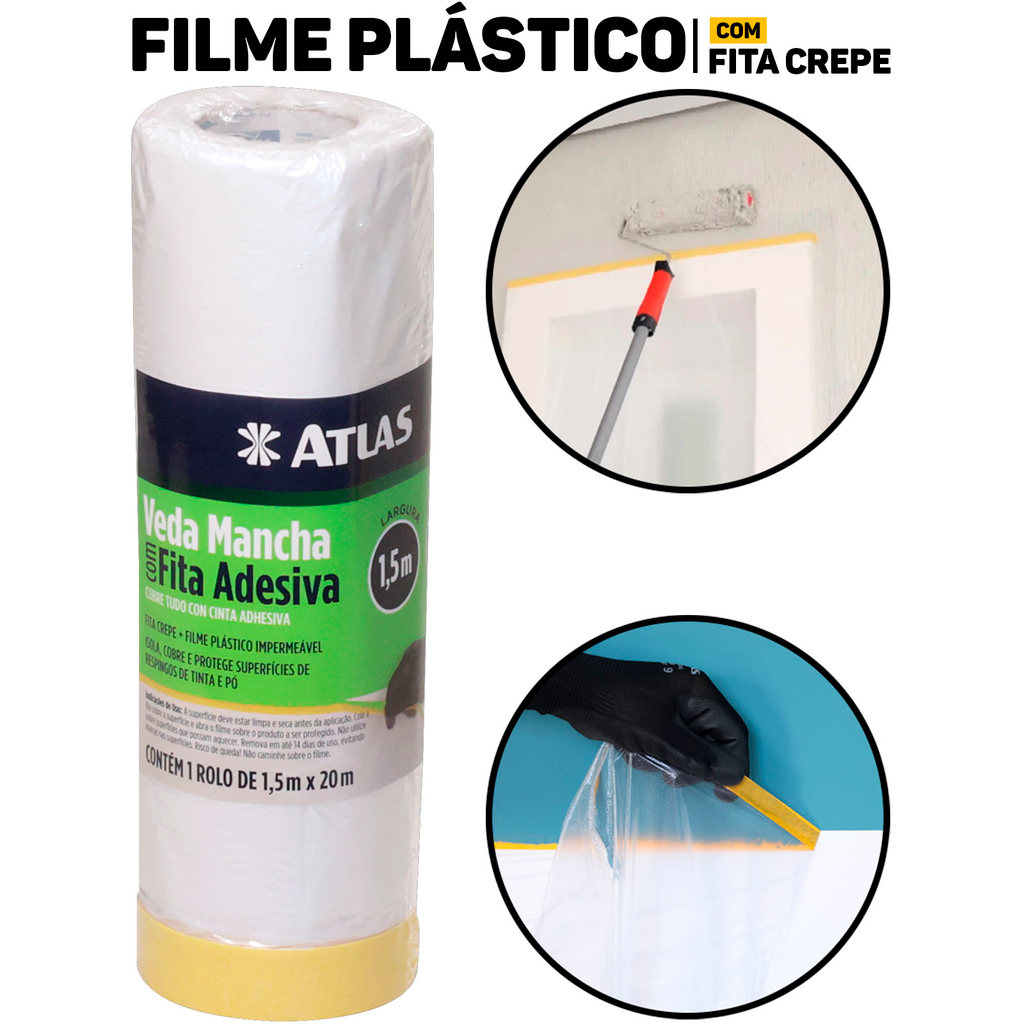 Filme Plástico Mascaramento Proteção Pintura C/ Fita Crepe Atlas 1,5x20m Profissional em Oferta na Shopee