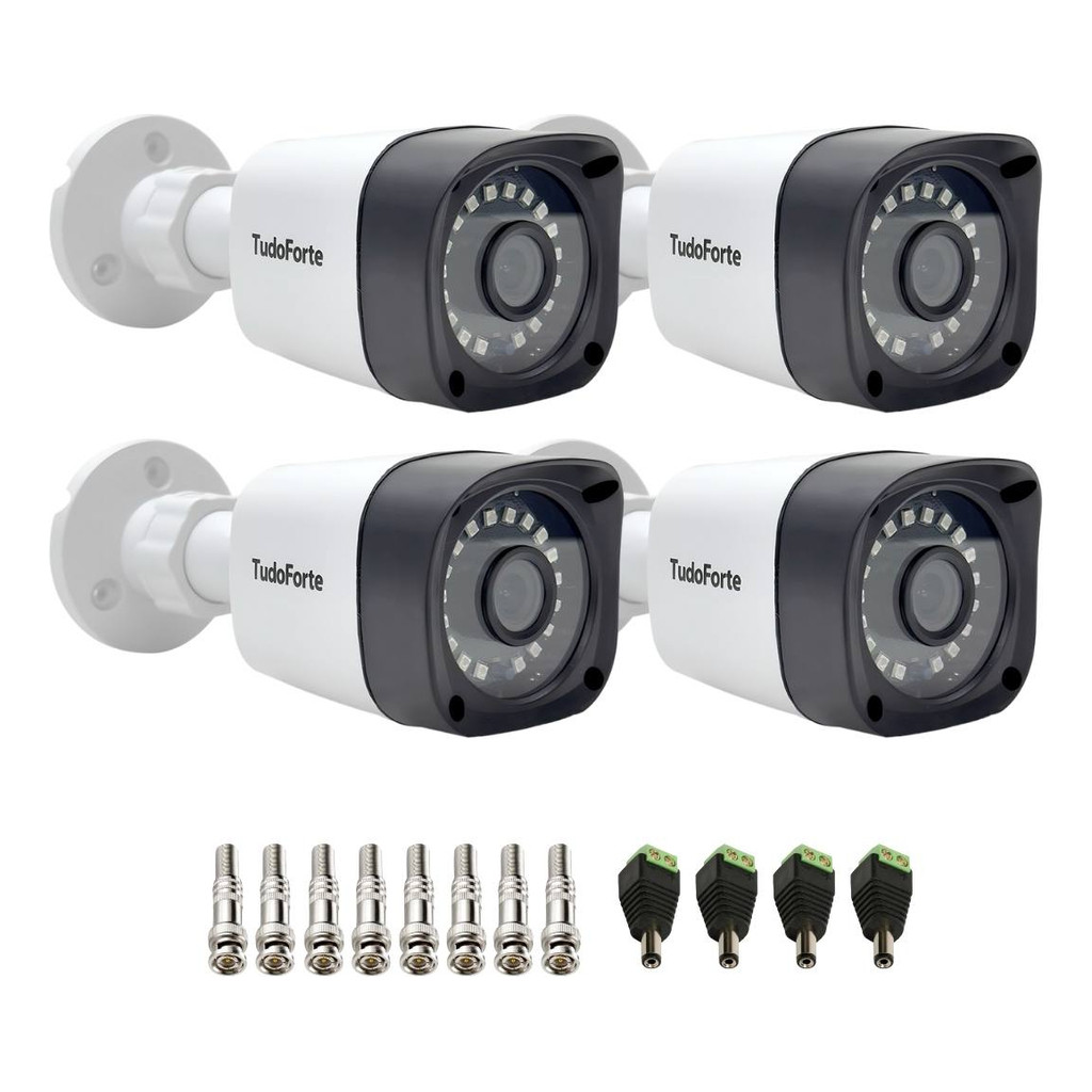 Kit 4 Câmeras Tudo Forte Bullet Full HD 1080p, Lente 2.8mm, Visão Noturna 20M, IP66 + Conectores