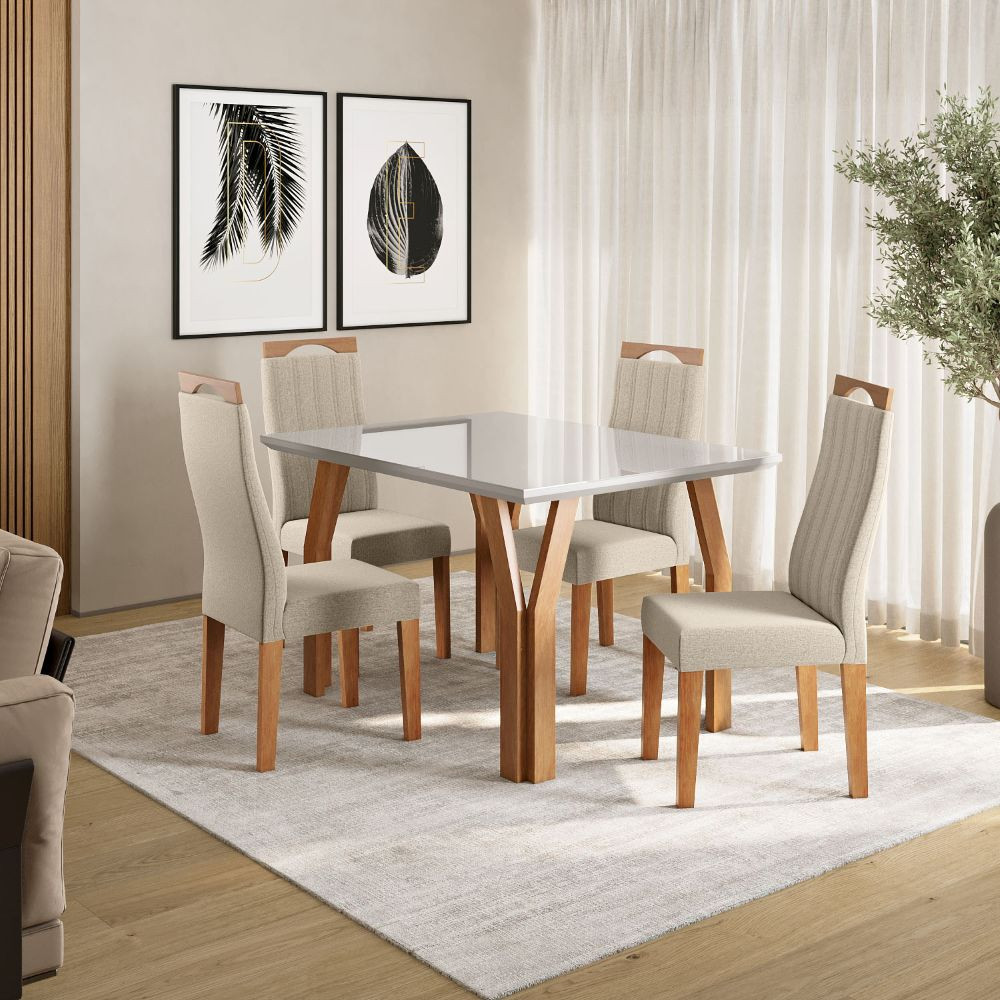 Conjunto Sala de Jantar Mesa 120cm com Tampo de Vidro Atlas com 4 Cadeiras Grécia Madetal