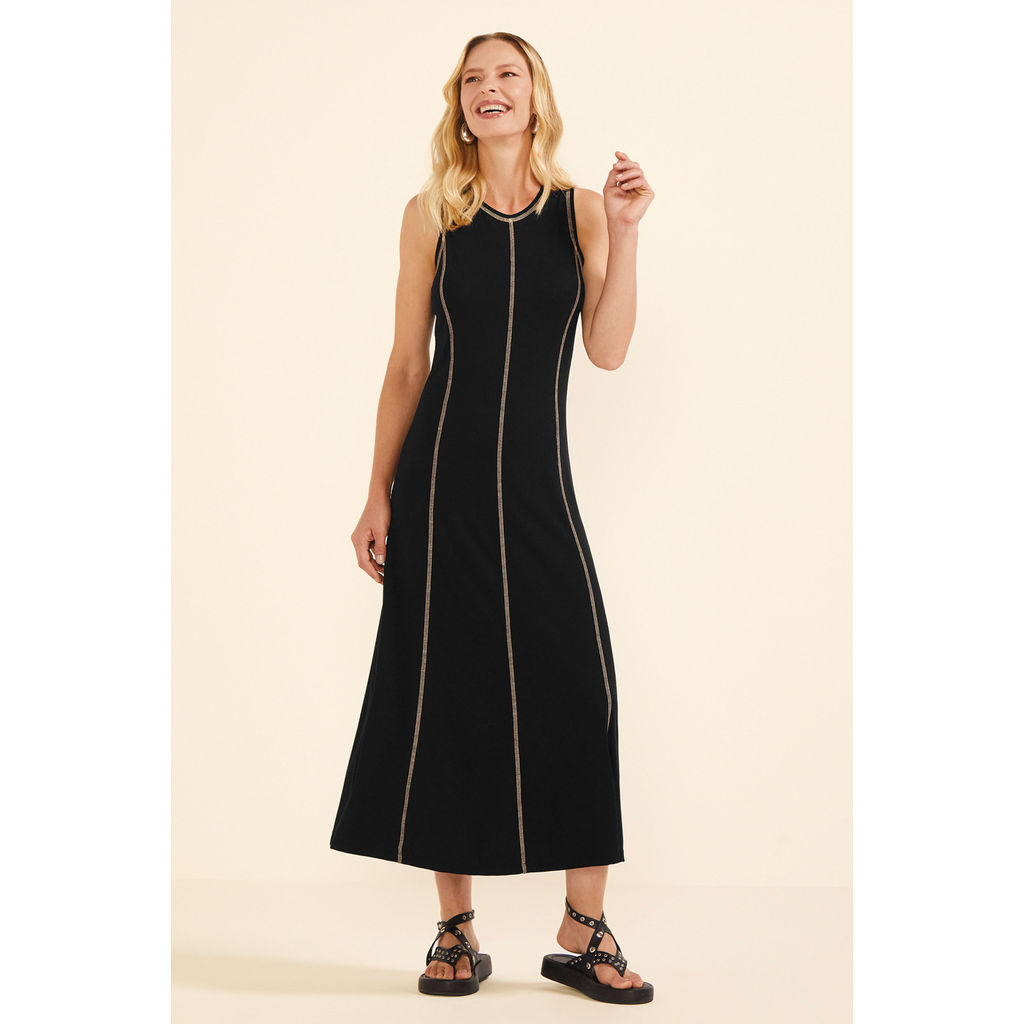 Vestido Feminino Midi Fio Contraste Marialícia Preto