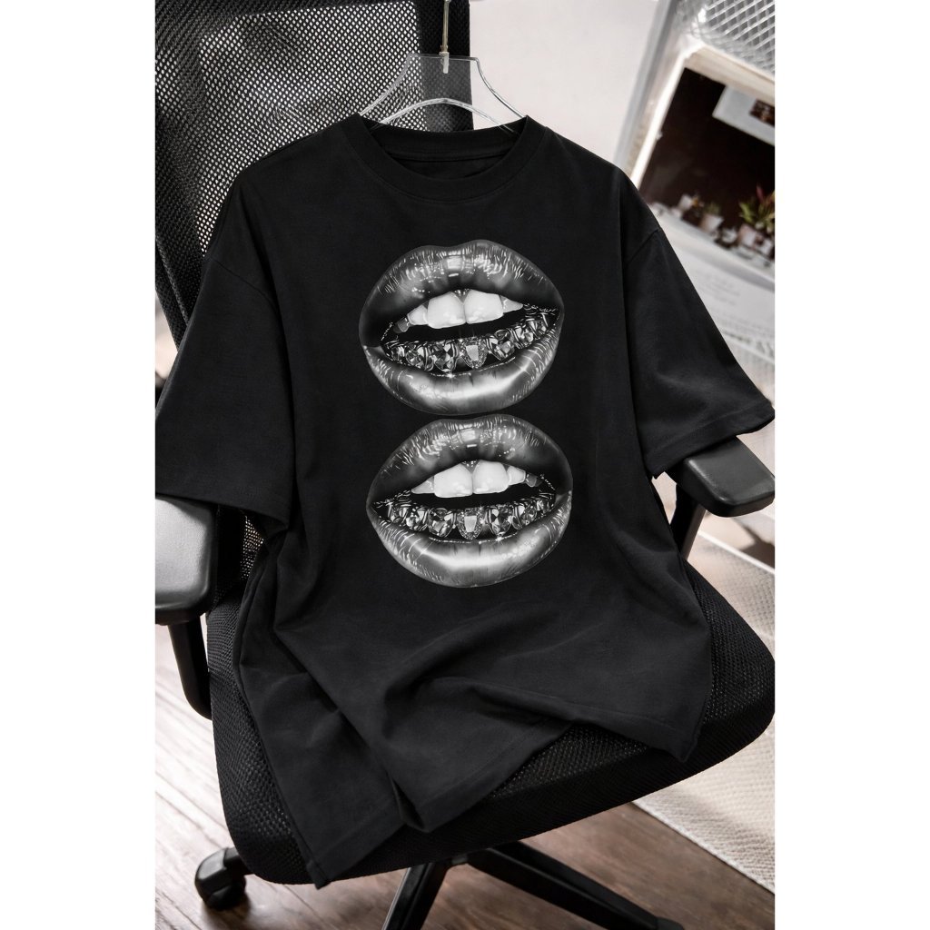 Camiseta  Oversized confortavel Camiseta Oversized Estampa Lábios Feminina | Algodão Confortável Fashion Conforto Urbano