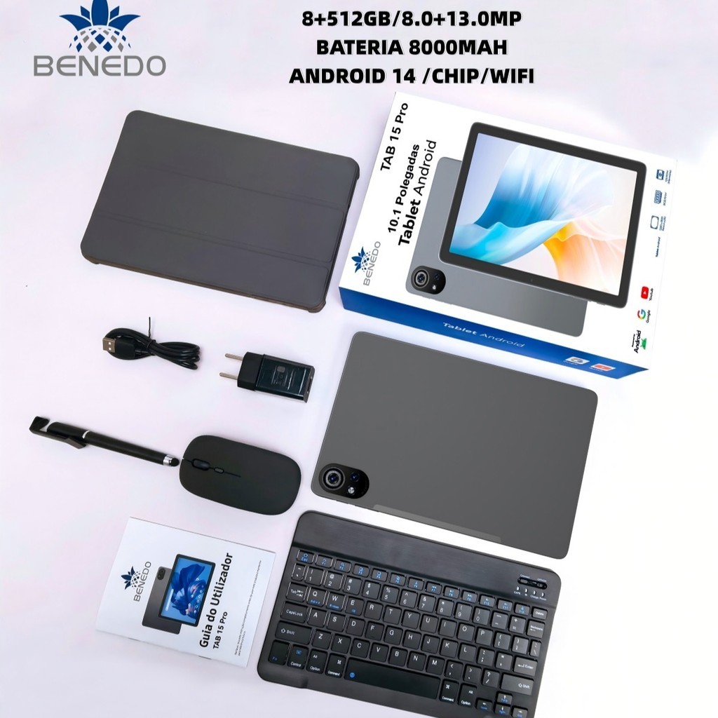 Tablet 15 PRO Android 14 10.1Wifi com chip  8000mah , Teclado+Mouse 8GB RAM 512GB Câmera Bluetooth