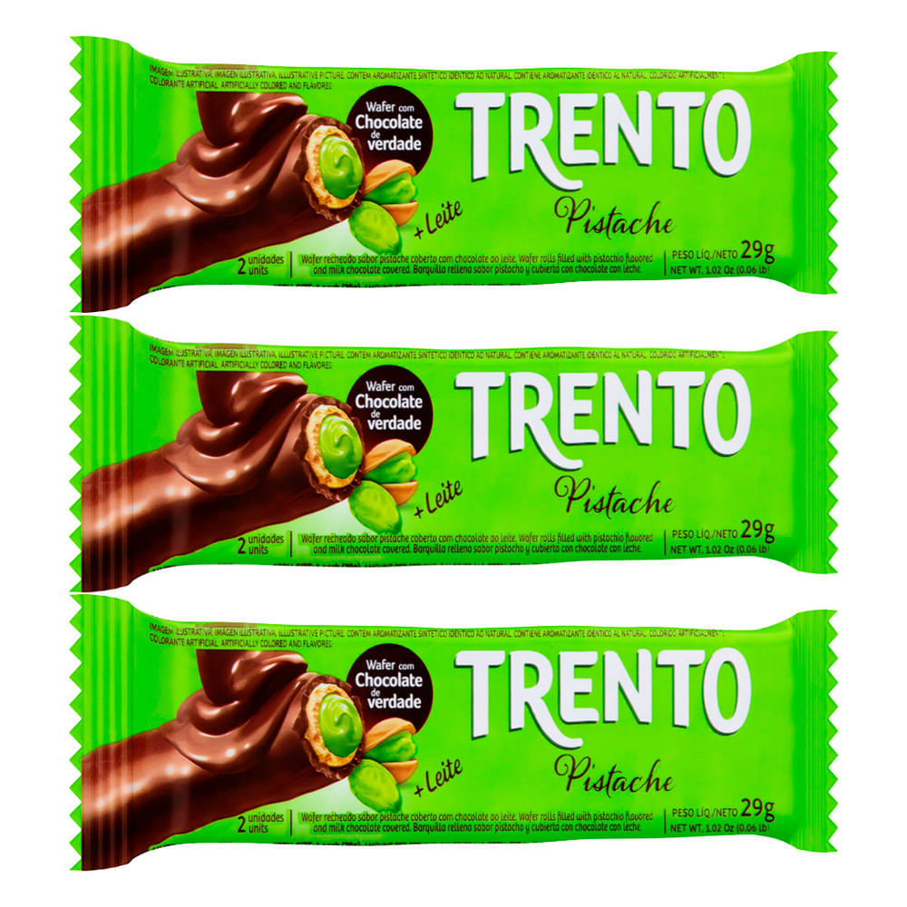 Kit 3 Chocolate Trento Wafer Recheado Sabor Pistache com Cobertura de Chocolate ao Leite 29g