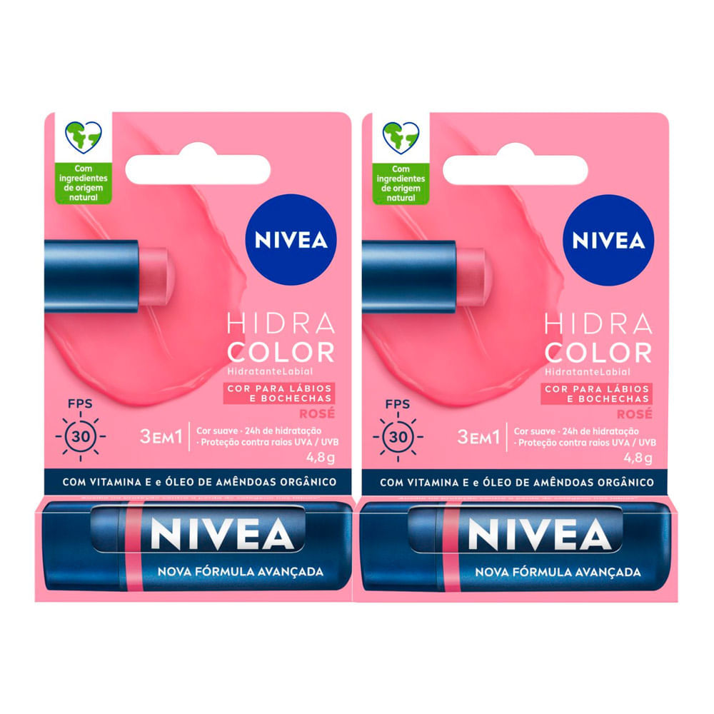 Kit 2 Hidratante Labial Nivea Hidra Color FPS 30 Rosé 4,8g em Oferta na Shopee