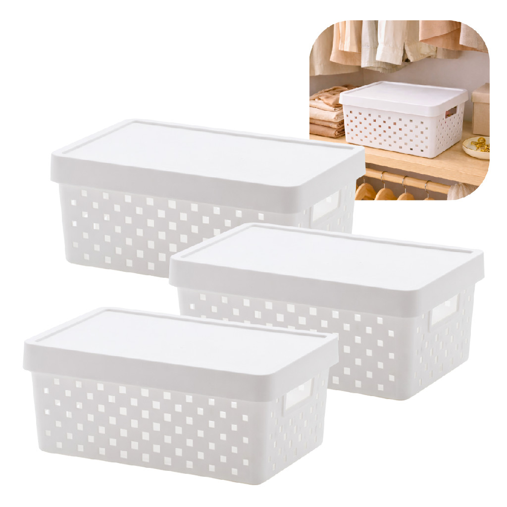 Kit 3 Cesto Organizador com tampa Porta Utensílios Ideal Para Cozinha Banheiro Closet Armário Prateleira Escritório