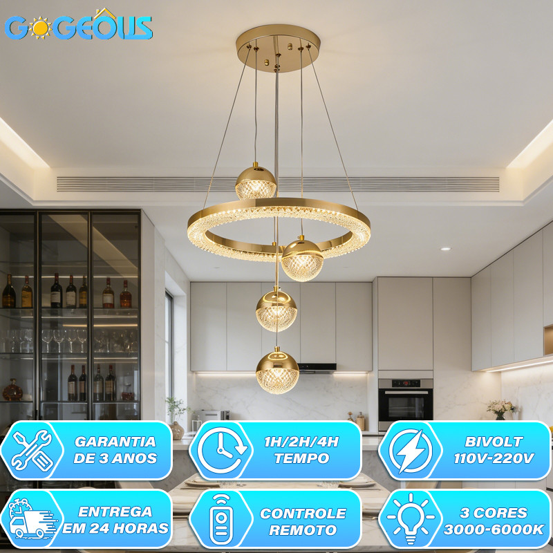 110V-220V Lustre Moderno de Cristal e Acrílico com Controle Remoto 3 Cores LED