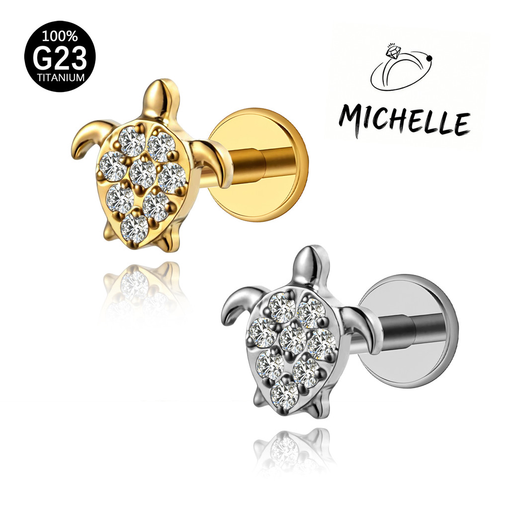 Piercing Labret Titânio Com Padrão Casco Tartaruga Incrustações Zircônio| Para Helix Tragus Conch Boca