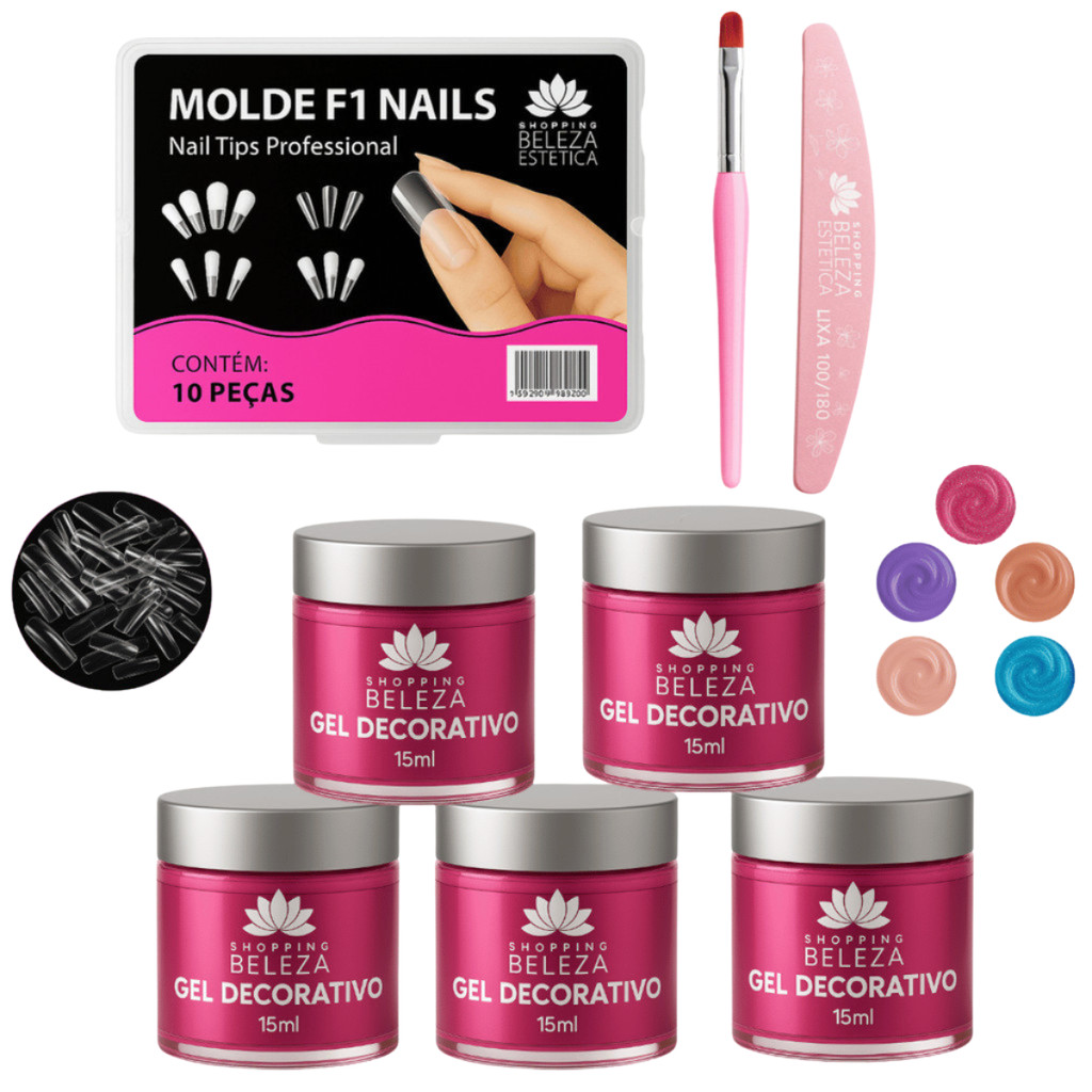 Kit 5 Gel Construtor Decorativo Pincéis Nail Art Molde F1 Unha Gel Profissional Decorativo Manicure Alongamento Acrigel