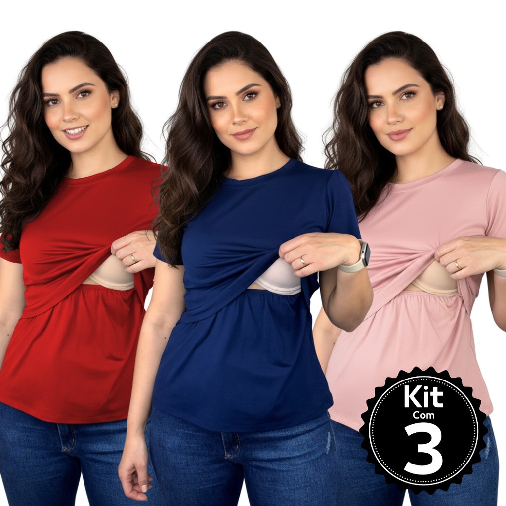 Kit 3 Blusa Amamentação Feminina Pós Parto Manga Curta Conforto e Praticidade em Oferta na Shopee