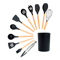 Kit 11 utensílios de cozinha de silicone e madeira com suporte - Oikos