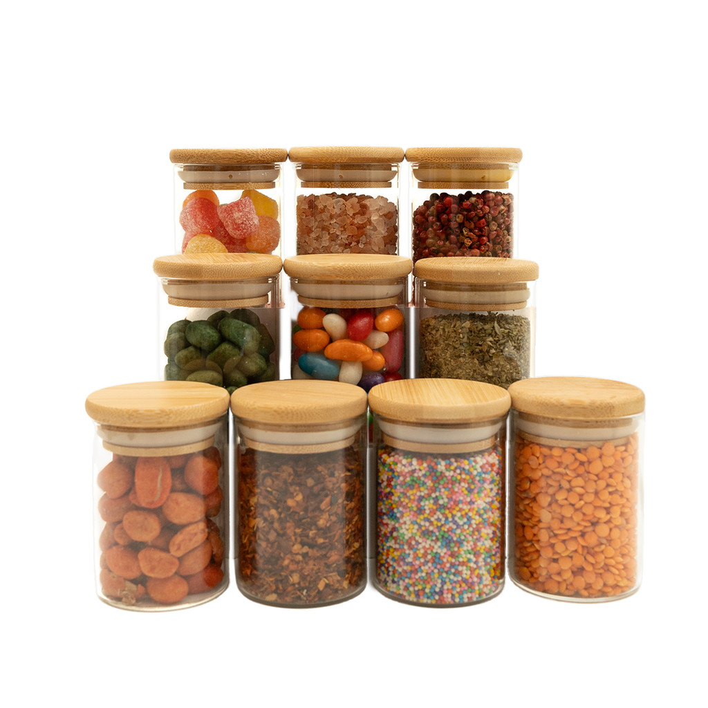 kit 10 potes de vidro 110ml com tampa de bambu hermético redondos - Tud