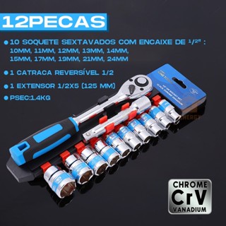 Jogo De Soquete de Aço Cromo Vanádio Sextavado 1/2 Catraca 12 Peças 10 A 24mm Com Extensão ANJIN.B em Oferta na Shopee