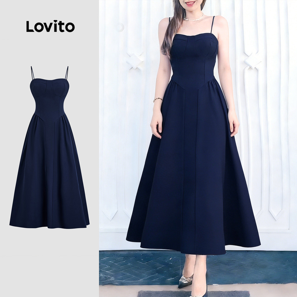 Lovito  Vestido Casual Plissado Ombro À Mostra Primavera/verão Azul Escuro para Mulheres LBL32166 em Oferta na Shopee