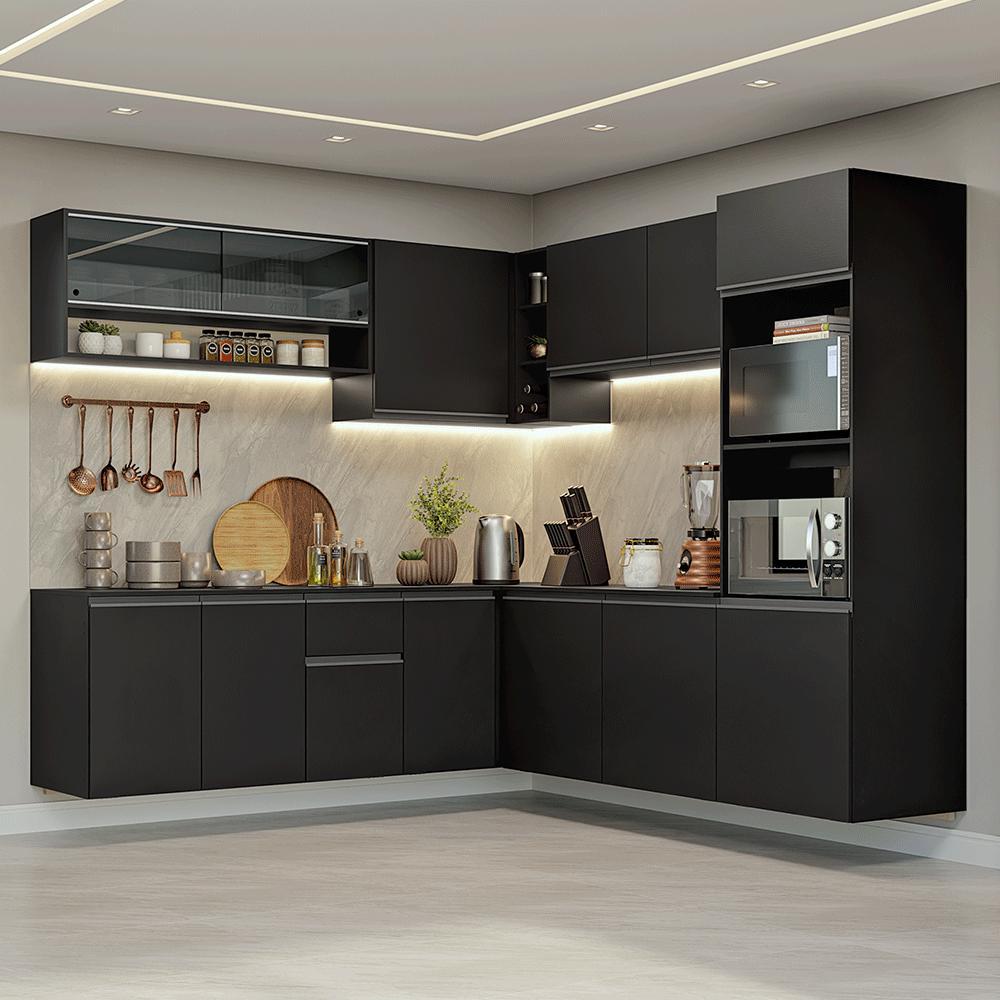 Armário de Cozinha Completa de Canto 445 cm Suspenso Preto Nice Madesa 04