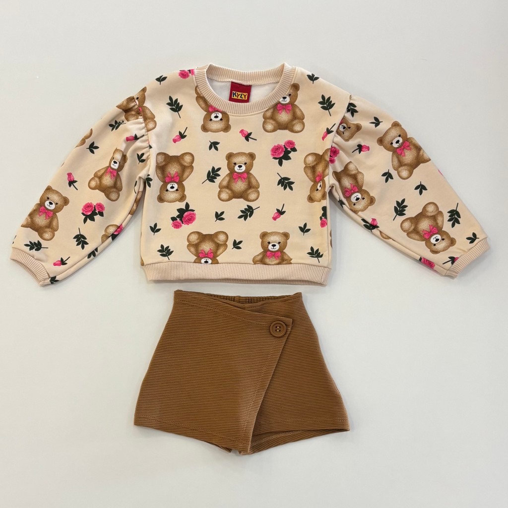 Conjunto Kyly Infantil Menina Casaco Bege e Short Saia Inverno Moda Kids 1001541