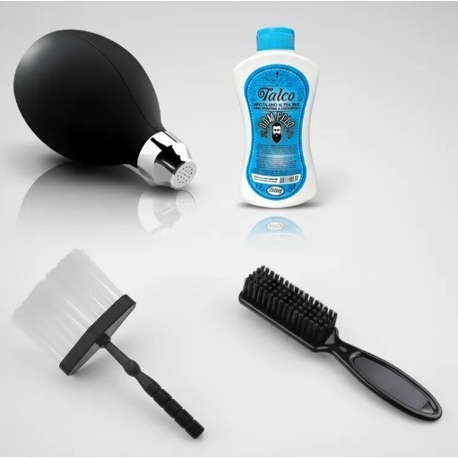 Kit Essencial Para Barbeiros TALQUEIRA + TALCO + ESPANADOR FIGARO + ESCOVINHA DISFARCE