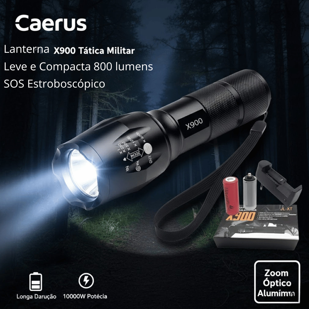 Lanterna X900 Tática Militar Preto Zoom Recarregável - Caerus / Luz Led / Luz Branco / Camping