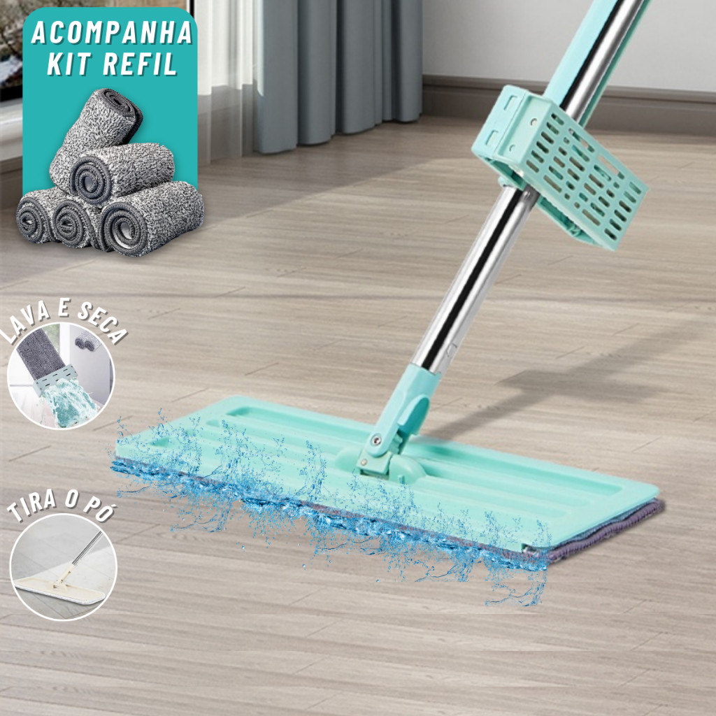 Esfregão Rodo Mop Mágico Inteligente Com 2 Refil Flat 360° Graus Flexível Puxa e Seca Limpeasa Limpa Fácil Microfibra