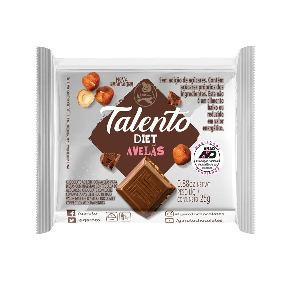 Chocolate Garoto Talento Diet com Avelãs 25g em Oferta na Shopee