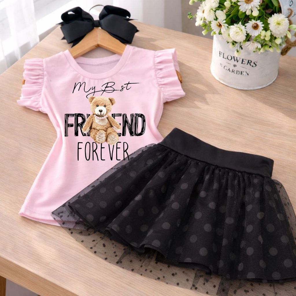 Conjunto Infantil Menina Blusa Rosa Babado Estampa Ursinho My Best Friend + Short Saia de Tule Preto Look Blogueirinha