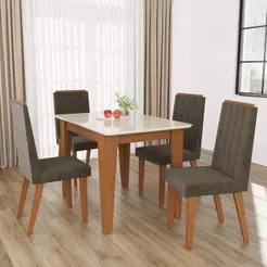 Conjunto Sala de Jantar Fidelitá Génova Mesa Tampo de Vidro Com 4 Cadeiras Freijó/Off-White Assento Capuccino