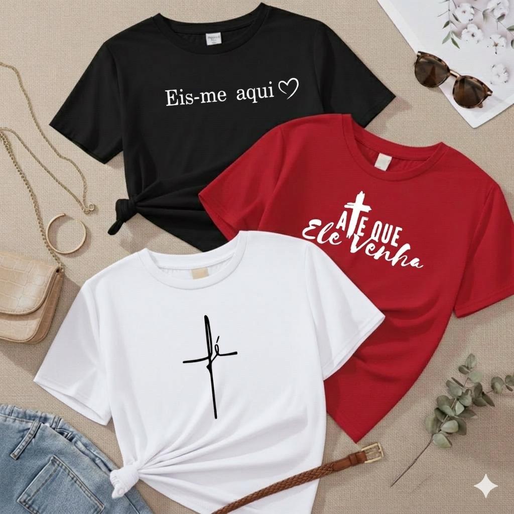 Kit 3 Blusa Feminina Estilosa Cristã Fé T-shirt Camisa Estampada Camiseta 100% Algodão