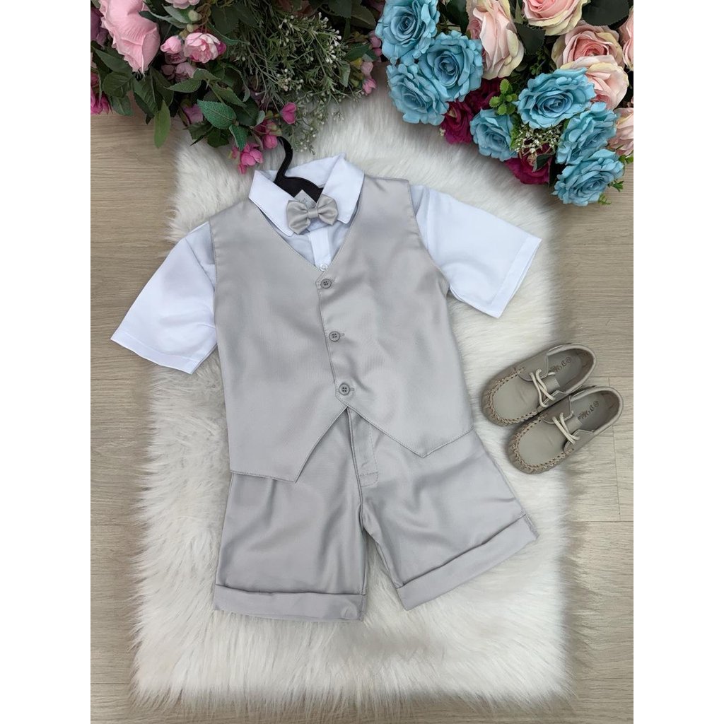 Conjunto Menino infantil Social colete shorts Leandro Cinza Claro/Batizado/Formatura/Noivinho/Pagem