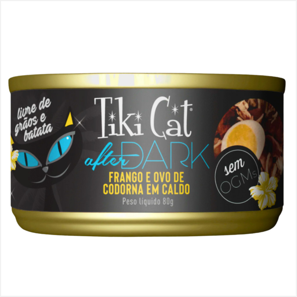 Lata Ração Umida Para Gatos Tiki Cat After Dark Frango e Ovo de Codorna 80g Premium
