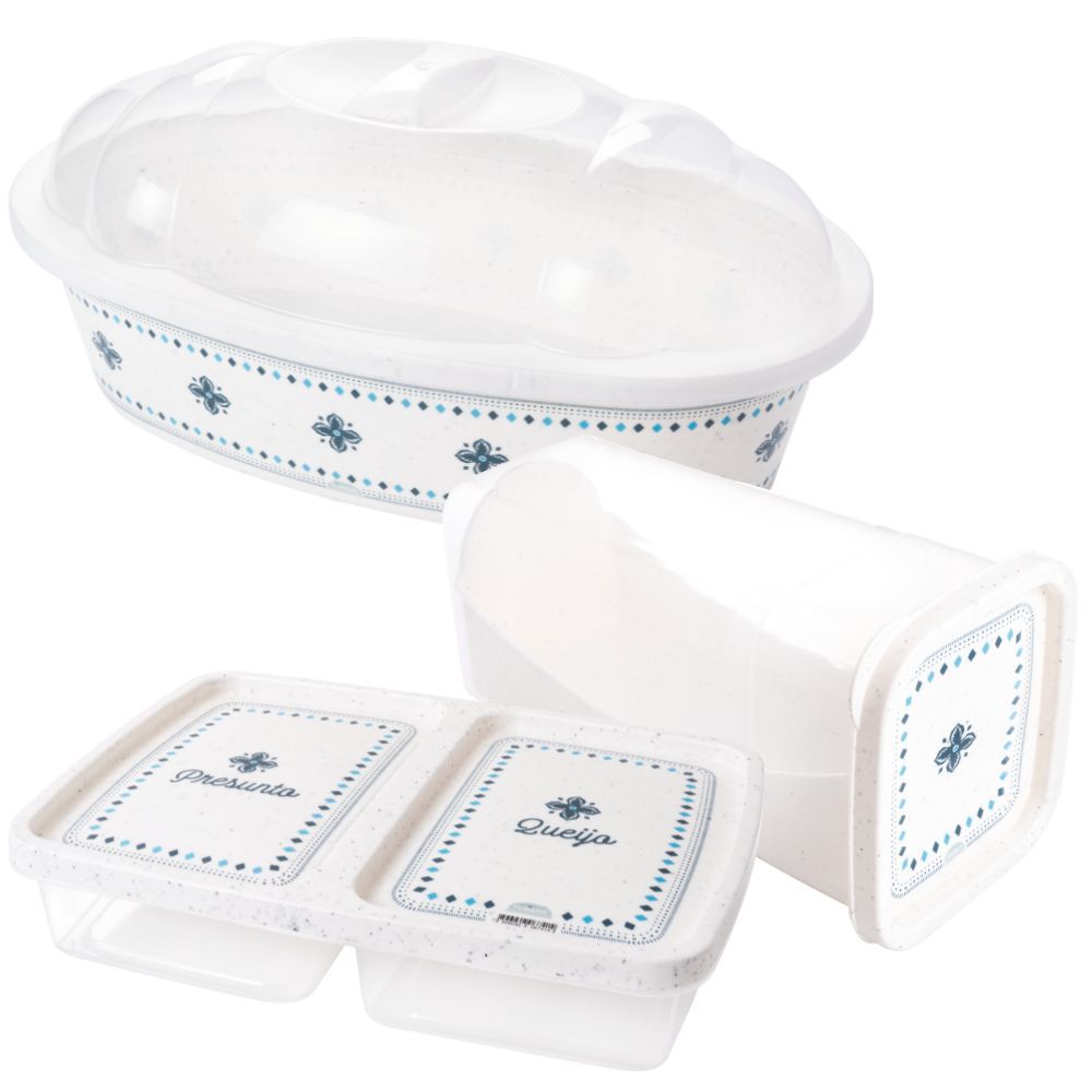 Kit Porta Pães, Porta Torradas com Gaveta Deslizante e Porta Frios com Divisória 3 peças Marmorizado Plasutil
