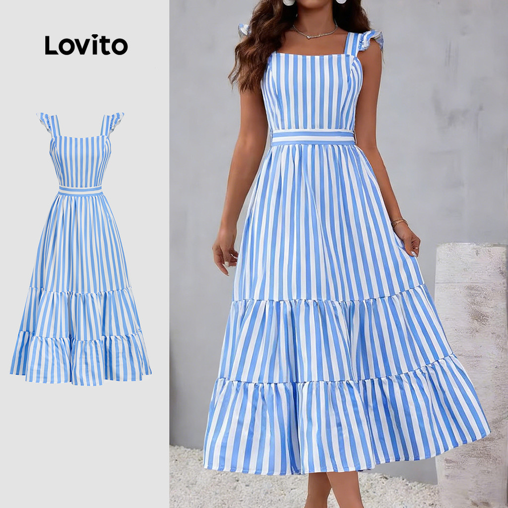 Lovito  Vestido Boho com Babados em Camadas Azul para Primavera/verão para Mulheres LBL33039 em Oferta na Shopee