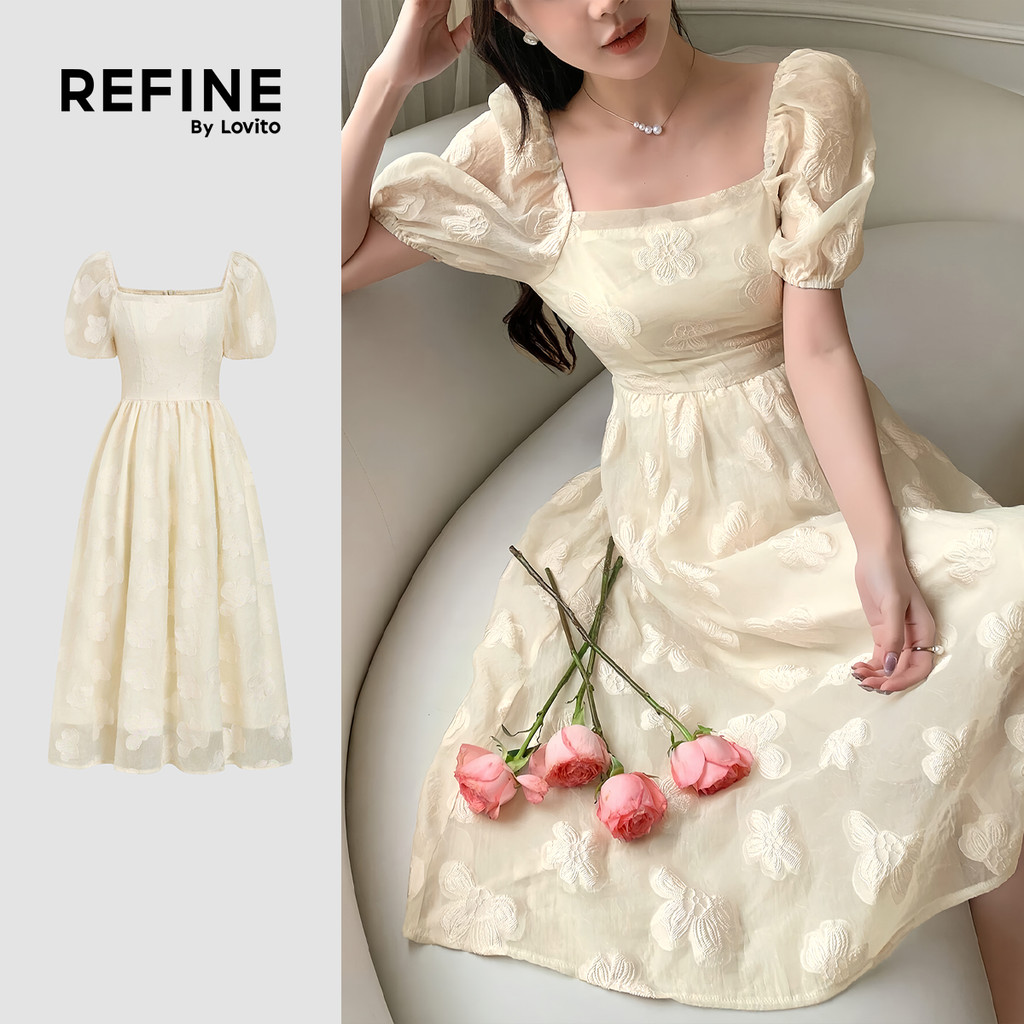 (Refine by Lovito) Vestido Elegante Textura Primavera/verão Branco Off para Mulheres LR32A036 em Oferta na Shopee