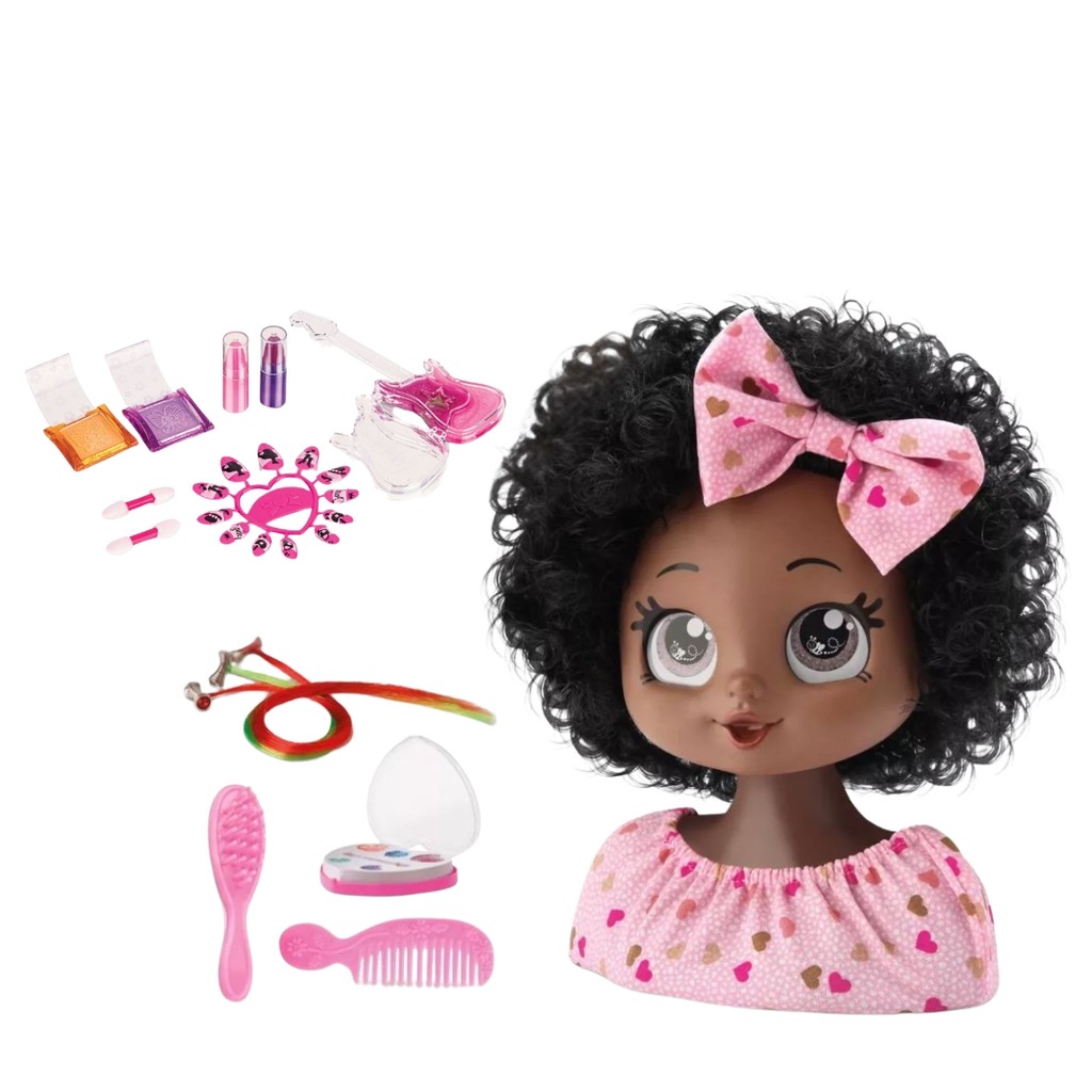 Kit Busto Boneca Negra 23cm com Paleta de Maquiagem MY GUITAR para Prática, Treino e Diversão de Maquiagem Infantil