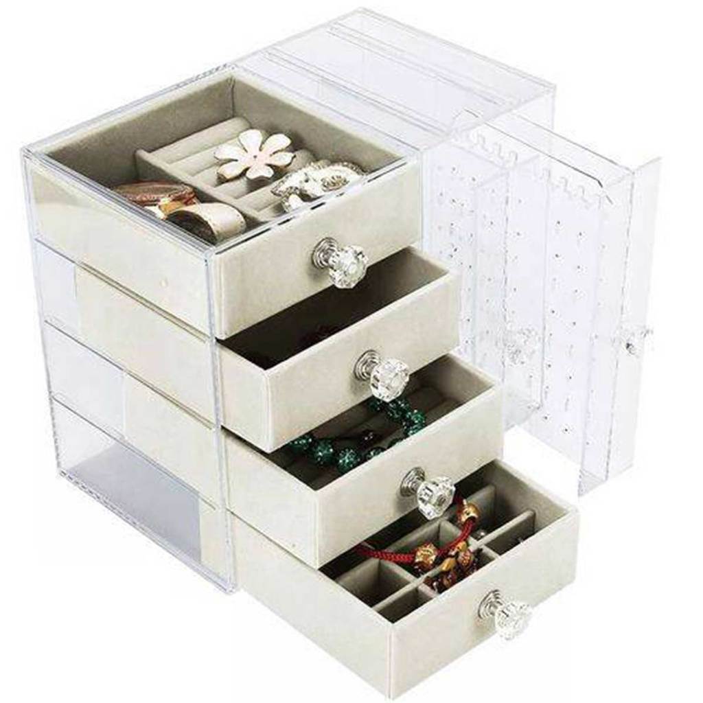 Expositor Bijuteria Porta Joia Acrilico Organizador 4 Gaveta Anel Brinco Pulseira Colar Estojo Transparente Veludo Luxo
