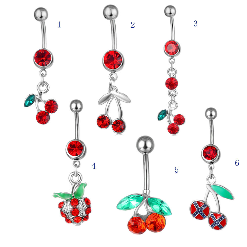 Joias de piercing mais vendidas: piercing de umbigo com pingente de cereja, brinco de umbigo.