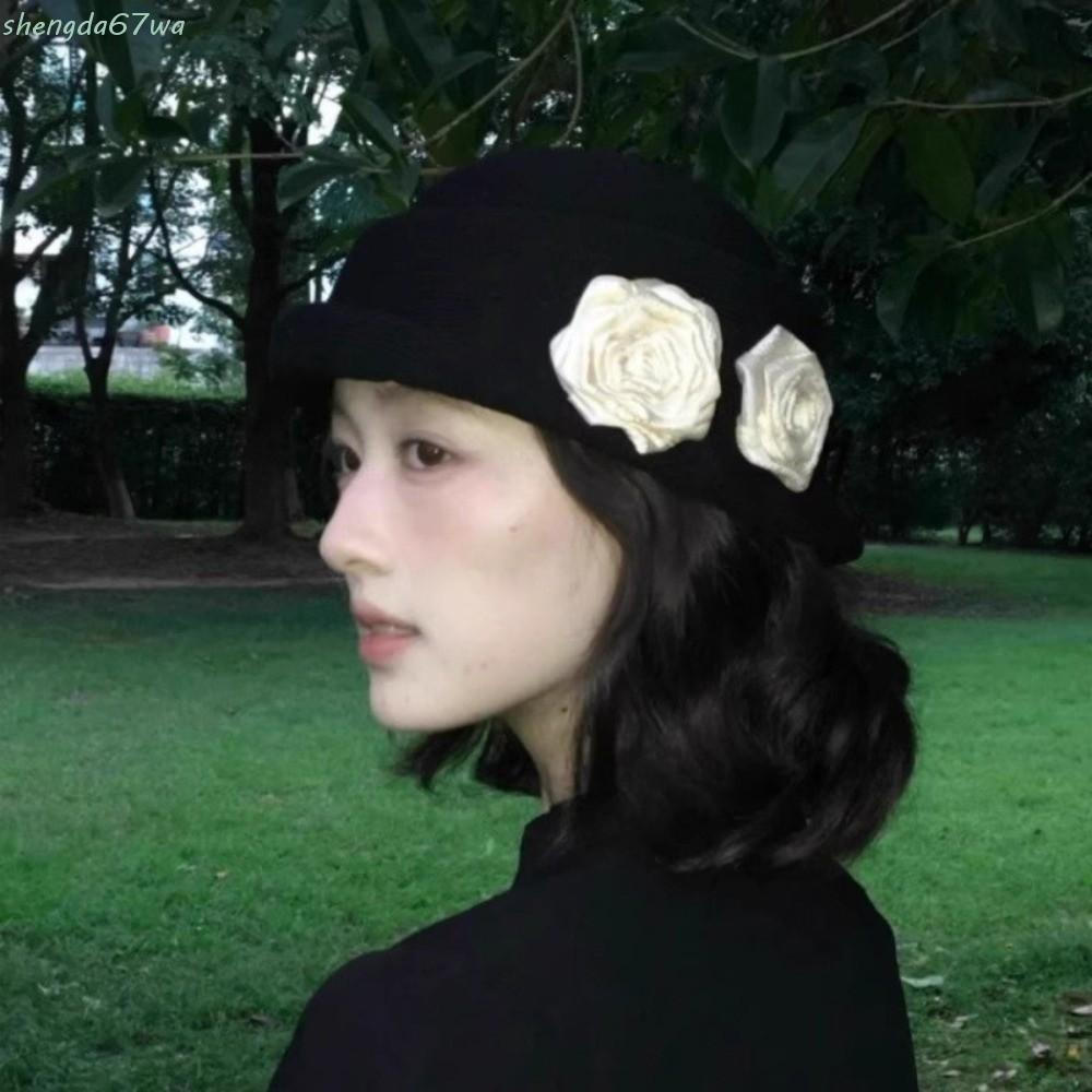 Boné De Flor De Camélia SHENGDA , Chapéu-Coco Floral Estilo Francês Hepburn Formal Feminino Elegante Com Aba Ondulada