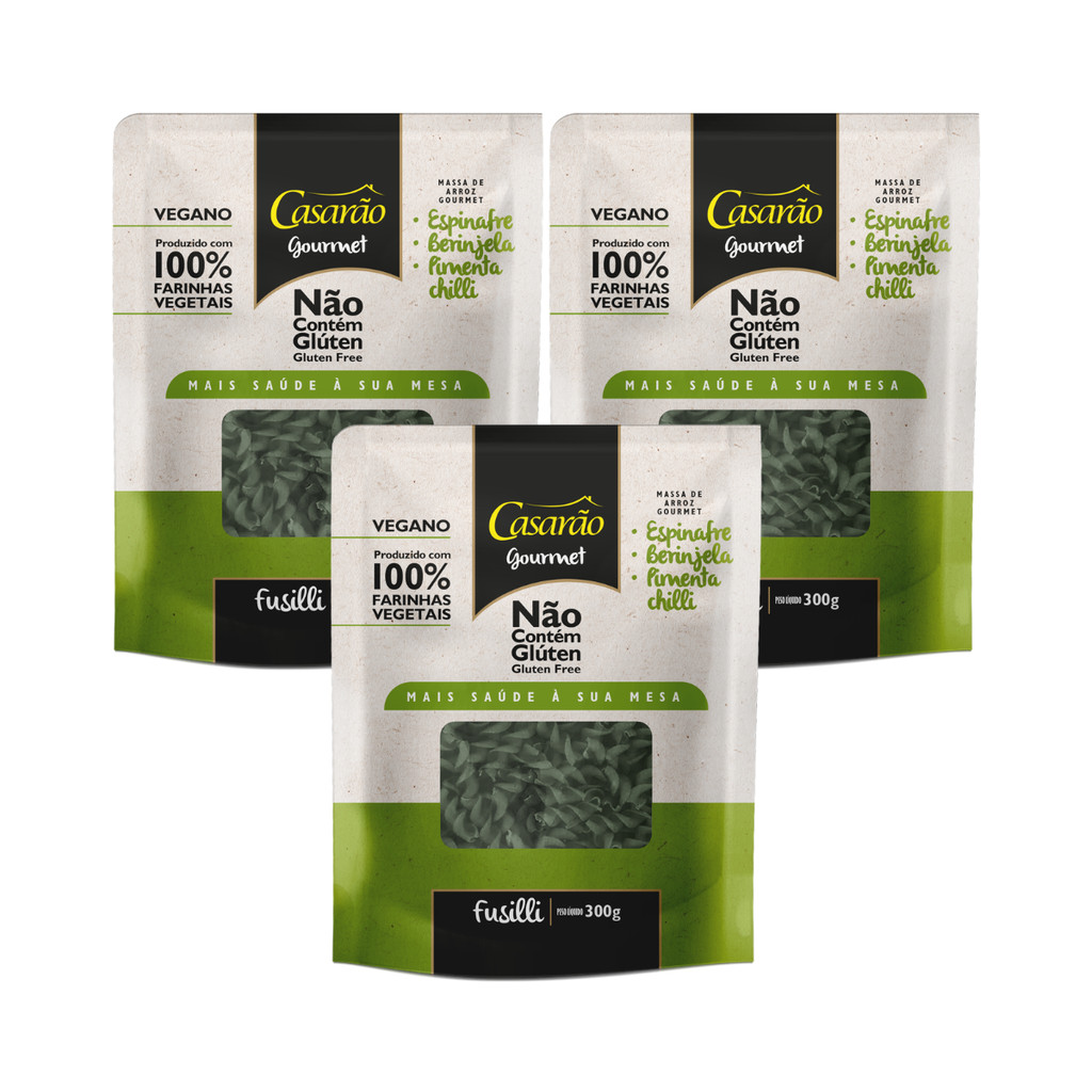 Kit 3 Macarrão Fusilli Vegano Espinafre Berinjela Chilli 300g 🌱🍝