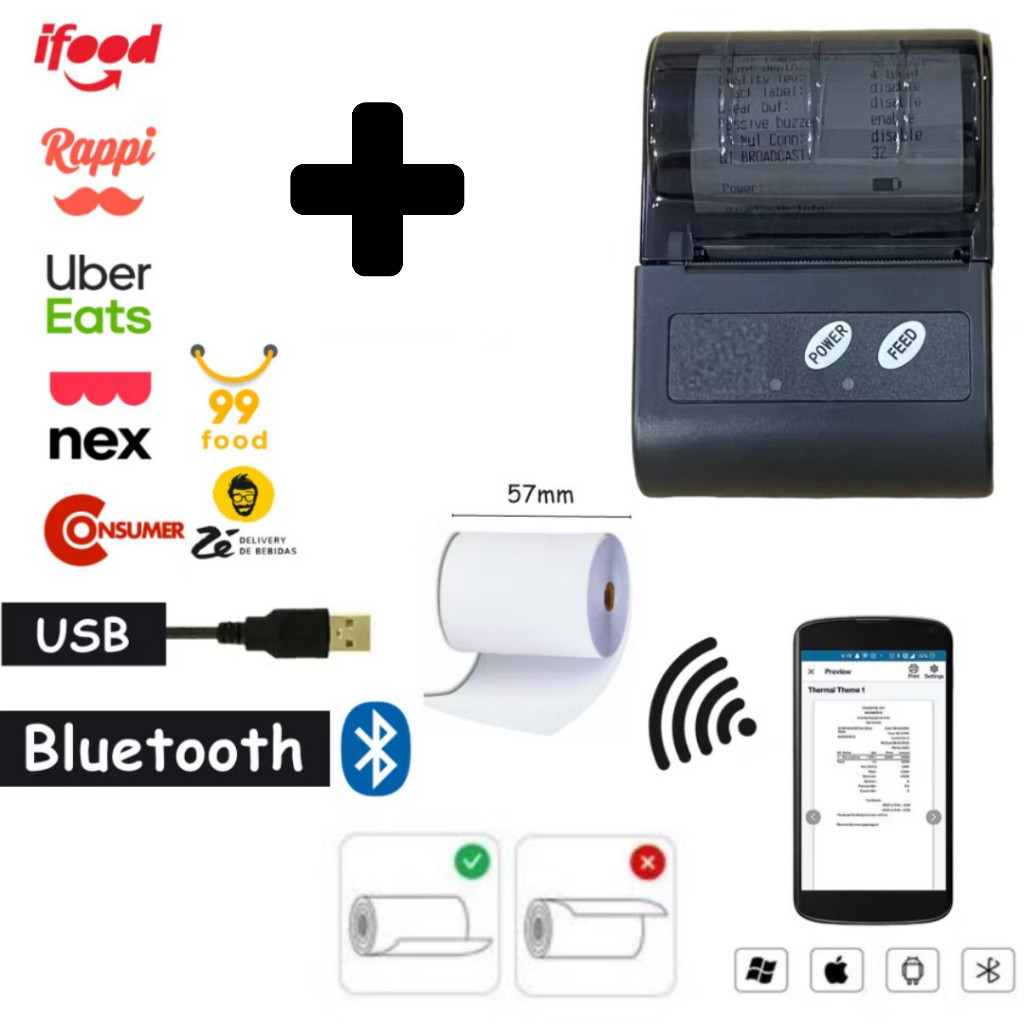 58mm Mini Impressora Térmica Bluetooth Cupom Pedido Ifood Qr Code Adequado para android E IOS, Microsoft Windows em Oferta na Shopee