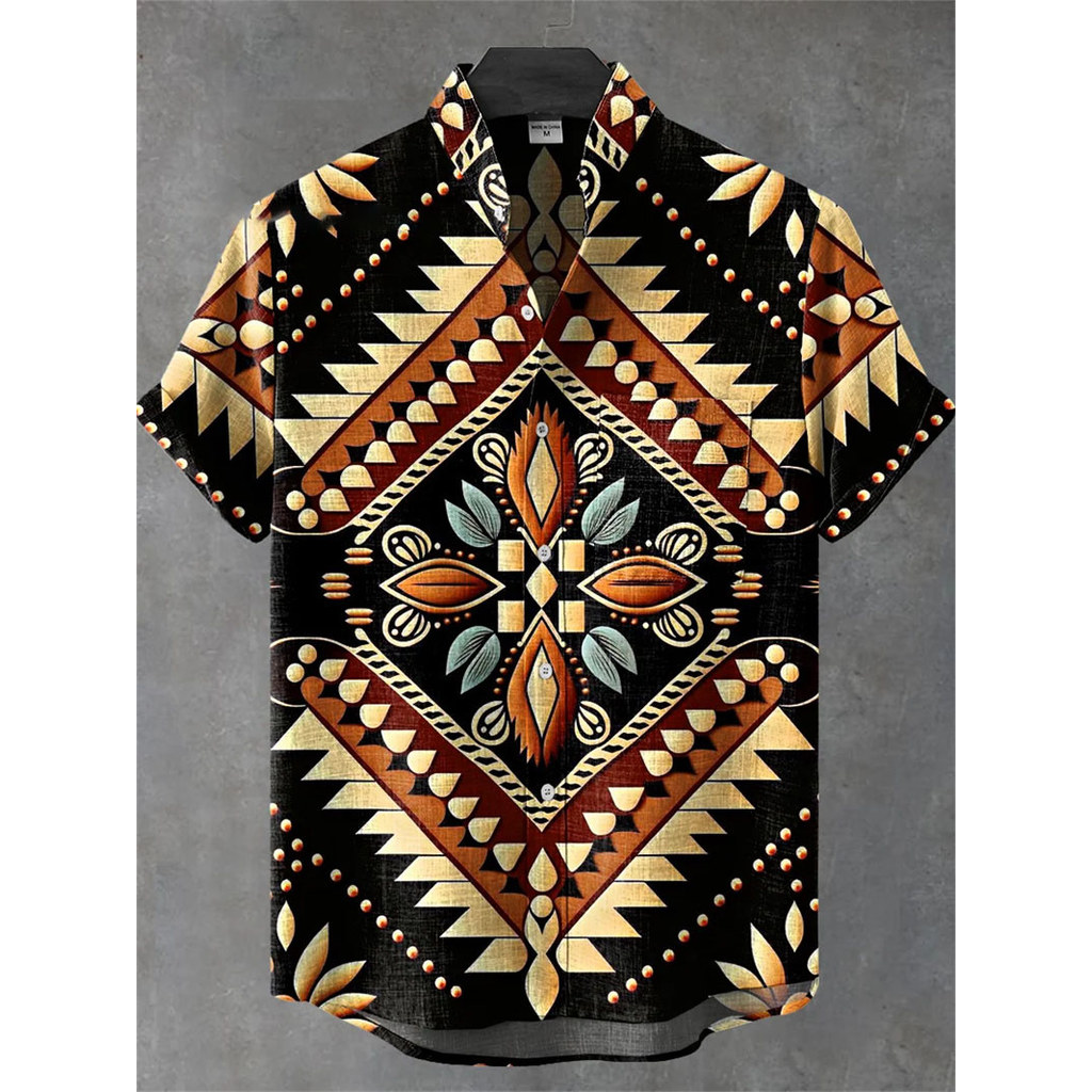 Camisa masculina Casual estampada estilo étnico, camisa de manga curta com botão, camisa retrô masculina