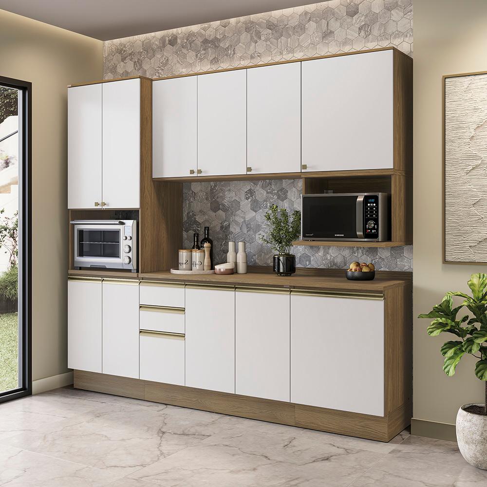 Armário de Cozinha Compacta Nicho Micro-ondas 100% MDF 250cm Nogueira/Branco Celeste Kappesberg