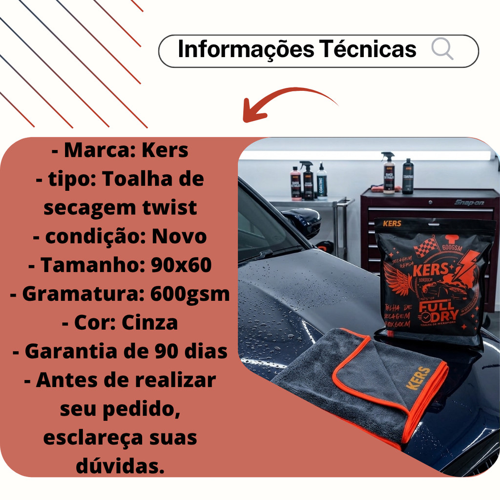 Toalha Para Secagem 600gsm Twist 60 X 90 Enxugar Carro Kers Cinza-escuro — imagem 2 de 2