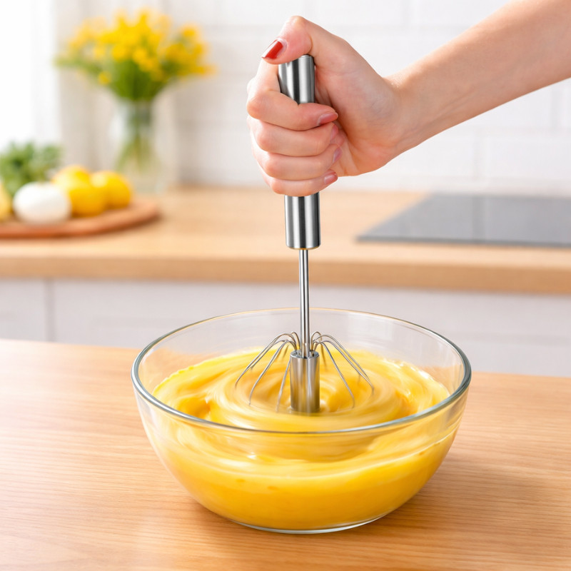 Batedor de Ovos Manual Inox Giratório | Mixer Emulsão Pressão | Fouet Profissional para Molhos, Chantilly e Ovos |B0-18|
