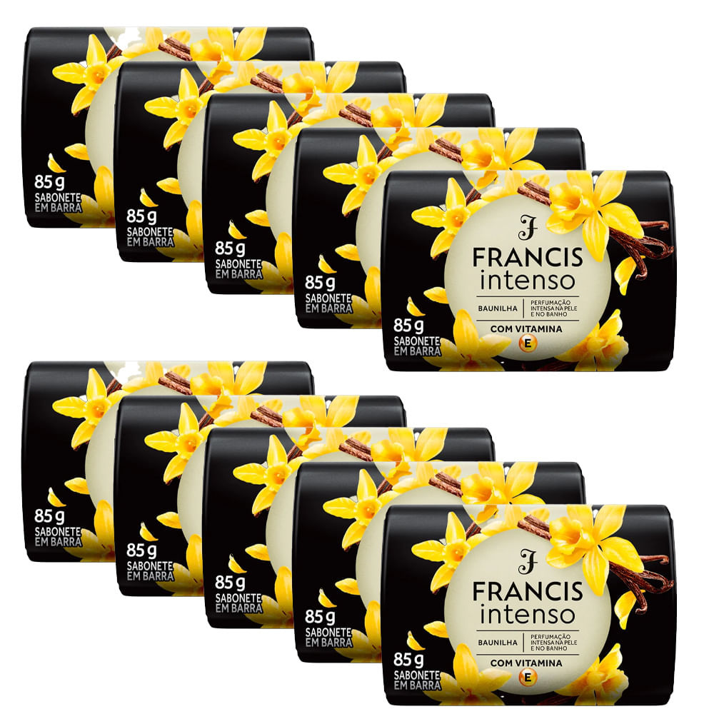 Kit com 10 sabonetes em barra Francis Intenso Baunilha de 85g cada, dispostos em duas fileiras, com embalagens pretas decoradas com flores de baunilha.