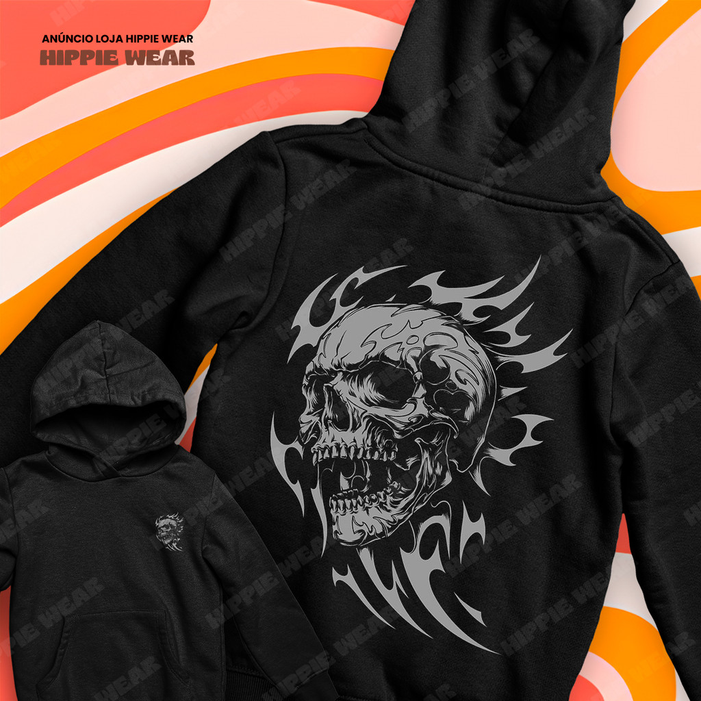 Moletom Canguru Caveira Skull Tribal Grey Grunge Frente E Verso Blusa De Frio