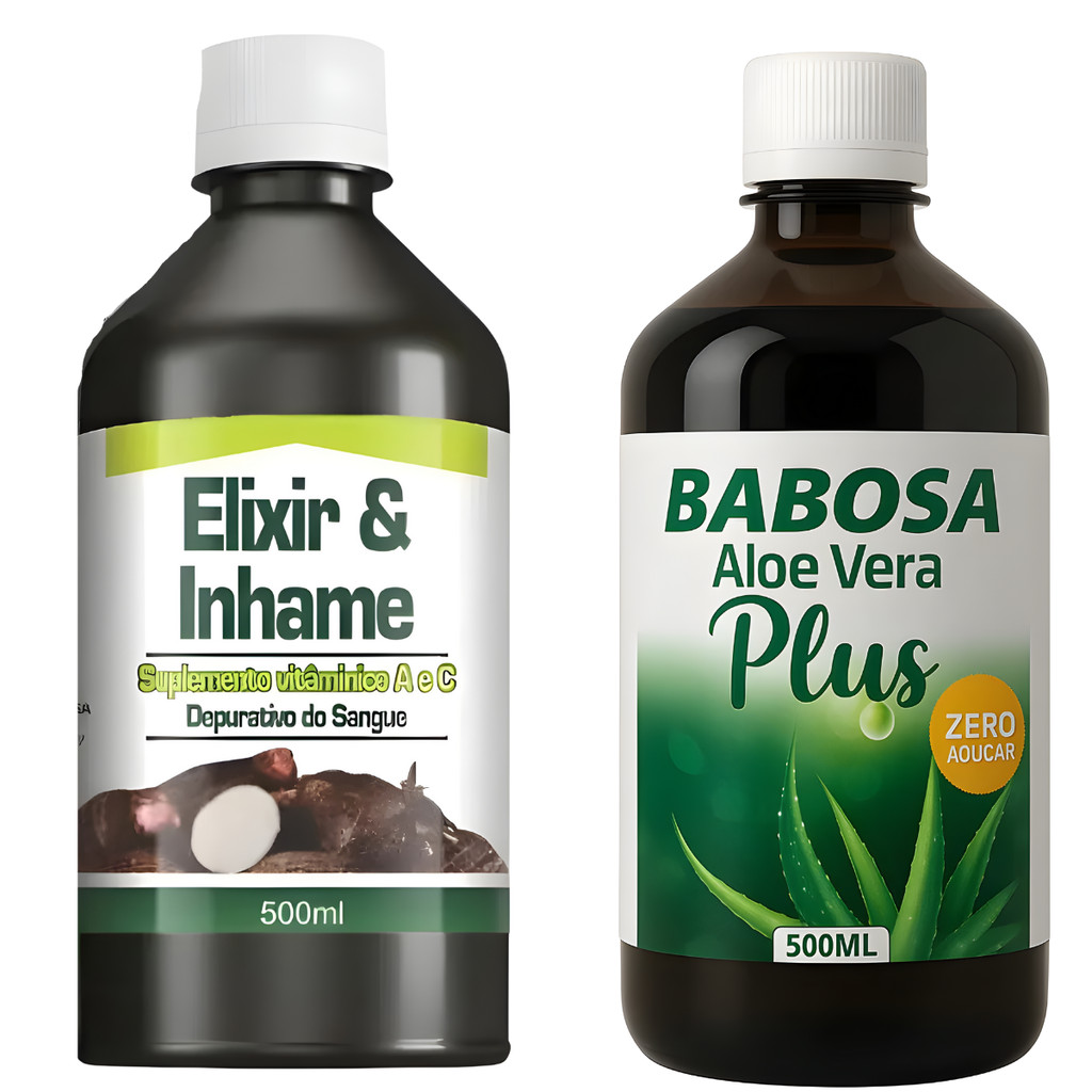 Kit Elixir & Inhame + Suco Bebida Babosa Aloe Vera 500ml Supl Vitaminas para Cabelo Pele e Unha - Depurativo do Sangue S