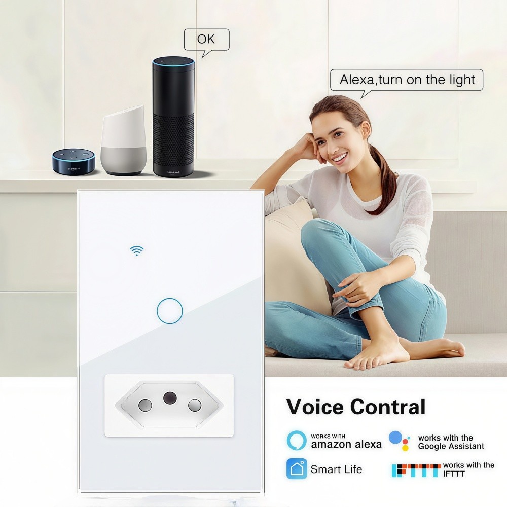 Interruptor Inteligente 1/2 Botão + Tomada Wifi Smart – Controle Remoto e Voz Alexa Google