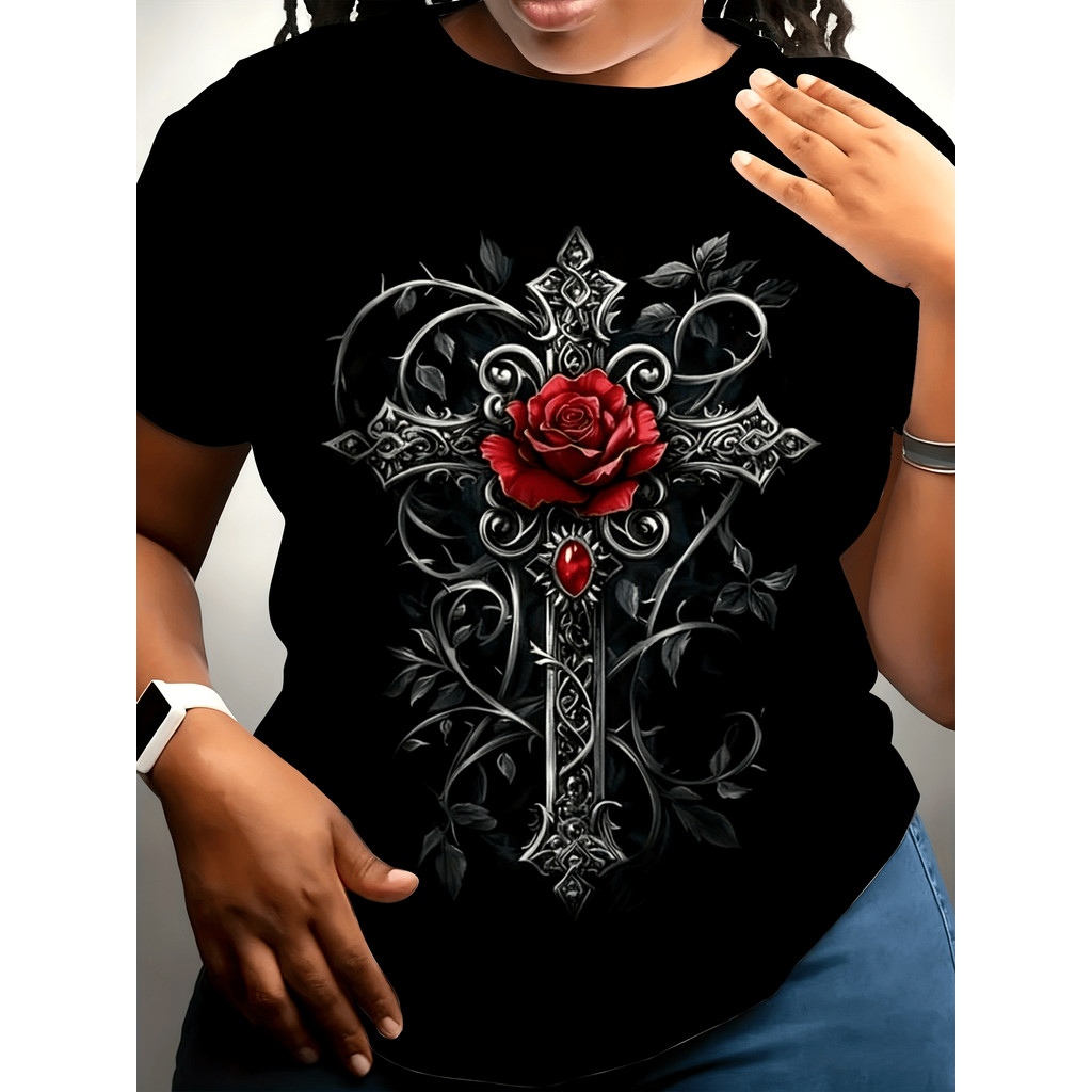 Camiseta Feminina Gótica Rosa Escura Cruz Dourada Preta Vintage Plus Size Gola Redonda Manga Curta Estilosa Confortável