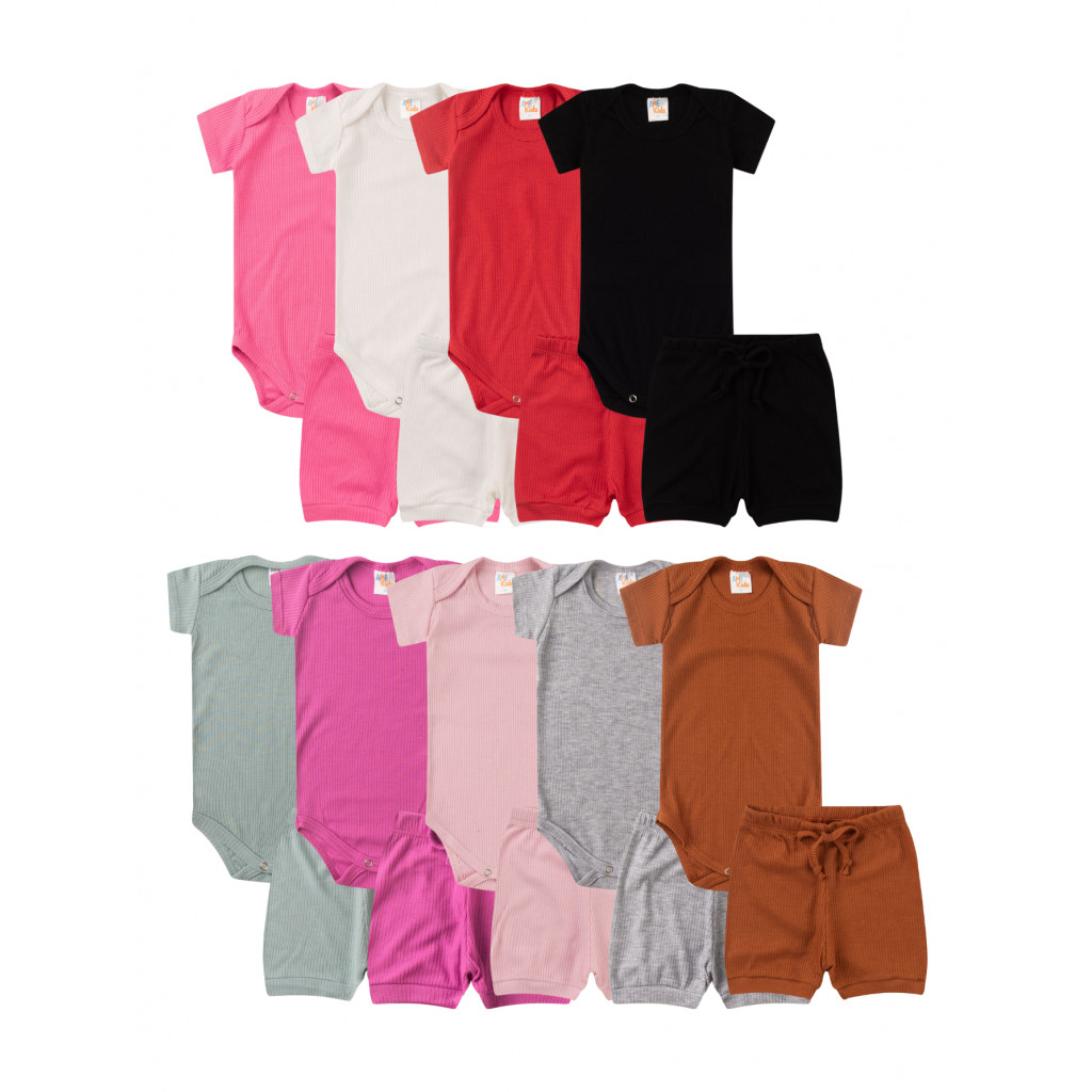 Kit 4 Peças de Roupas para Bebê Unissex 2 Body Manga Curta e 2 Short Canelado